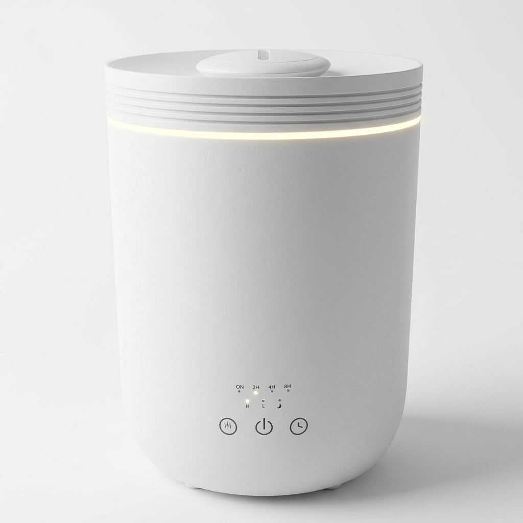 Calibre Avant humidifier in white, with its warm light ring glowing