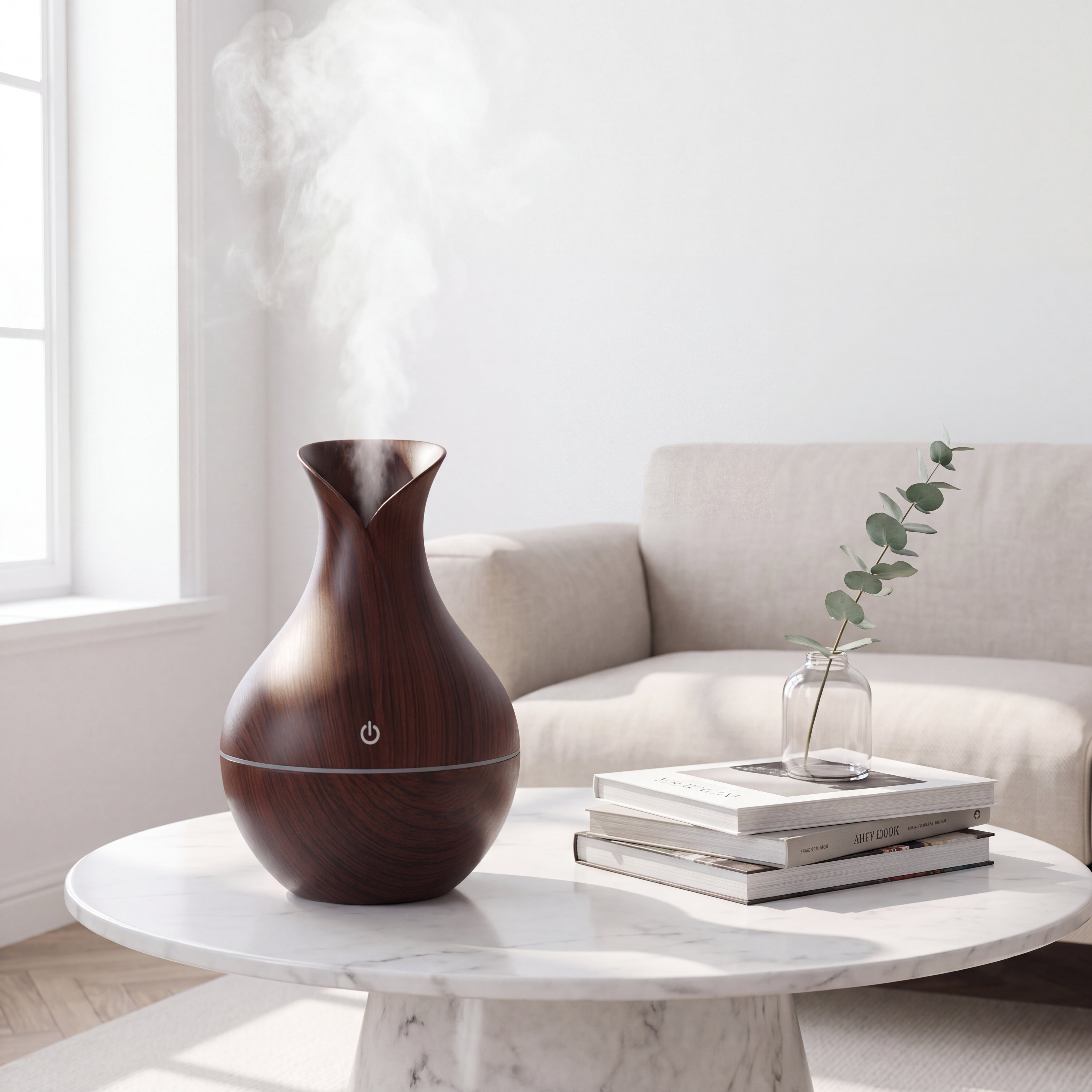 A dark brown wooden humidifier emitting a plume of steam, styled on a white marble round coffee table next to a stack of books and a small glass vase with a eucalyptus sprig, in front of a beige sofa.