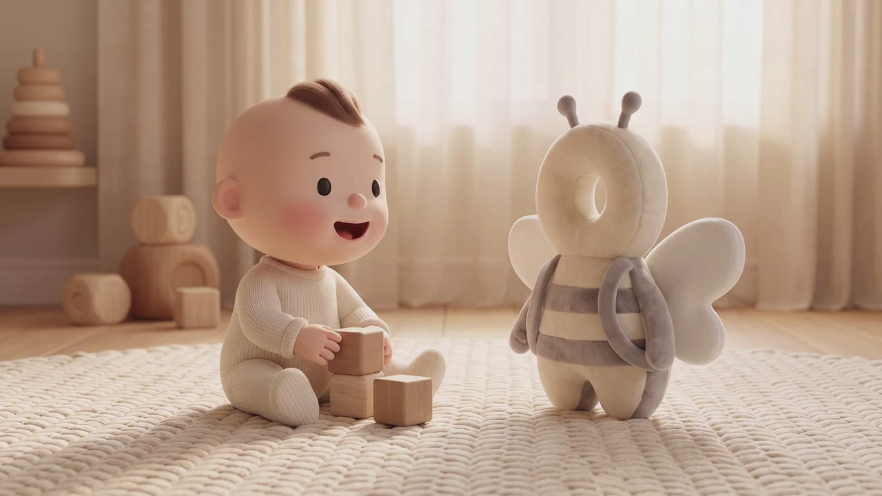 Tumble short film v3: the Honey Bee hops over, the toddler stacks blocks, topples back onto the plush ring and sits back up; soft jazz