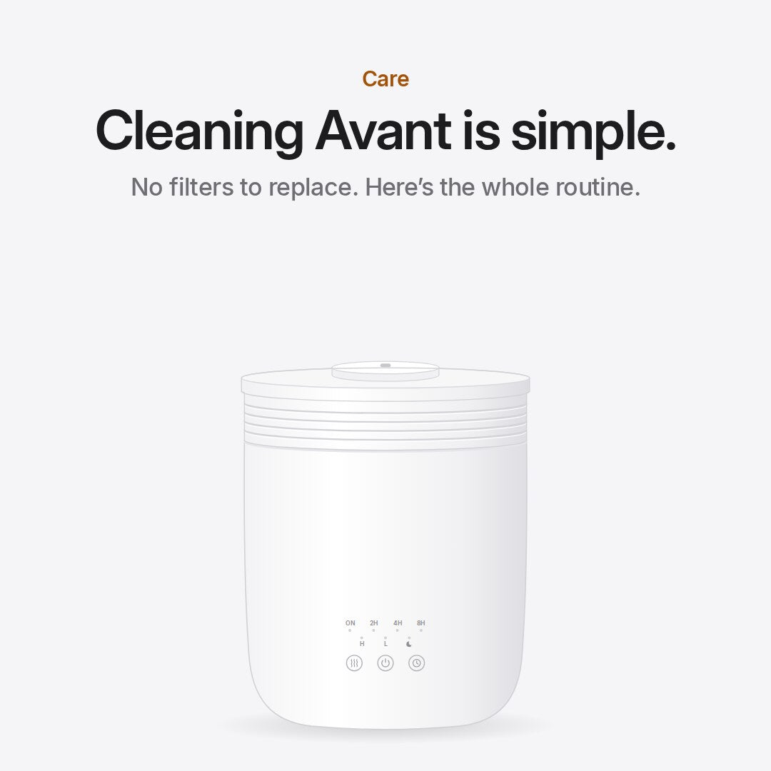 How to clean Avant: every day, empty, wipe and refill it; every third day, wipe the tank and mist plate, loosen scale with diluted white vinegar, rinse and air-dry.