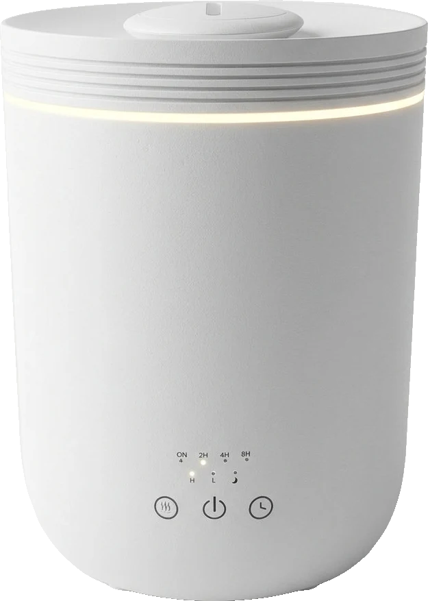 The Calibre Avant humidifier in white, with its warm light ring glowing